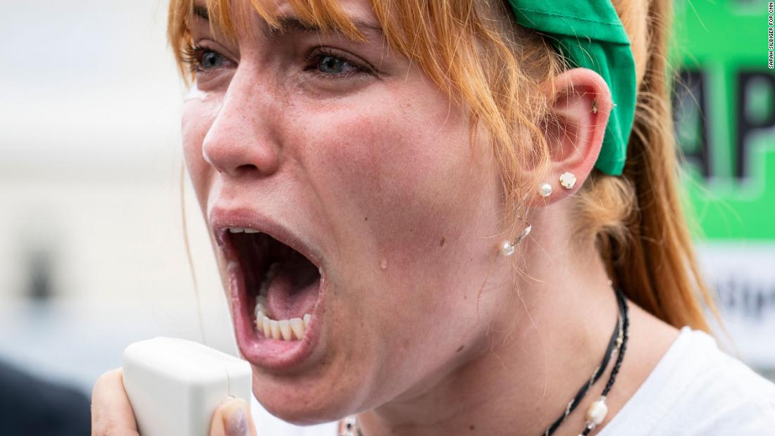 A tear rolls down the cheek of an abortion rights activist in Washington, DC.