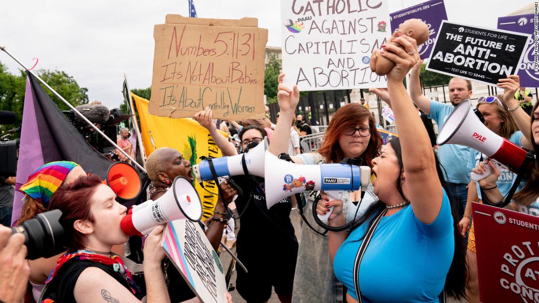 Demonstrators on either side of the abortion issue clash outside the US Supreme Court in Washington on June 21, 2022. 