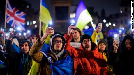 Ukrainians and other protesters gather in London's Trafalgar Square for a pro-Ukraine demonstration on March 1, 2022.