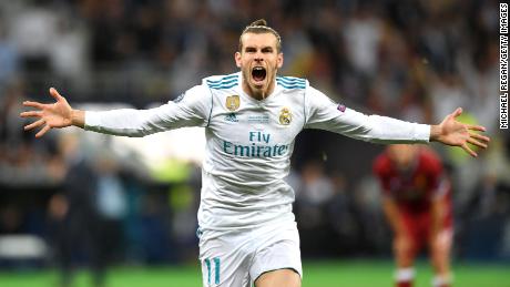 Bale celebrates scoring Real Madrid's second goal during the UEFA Champions League Final against Liverpool in 2018.