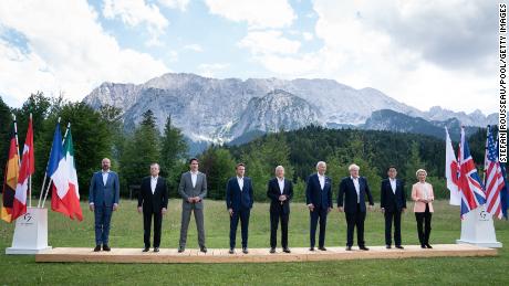 (L-R) G7 leaders European Union Council President Charles Michel, Prime Minister of Italy Mario Draghi, Prime Minister of Canada Justin Trudeau, President of France Emmanuel Macron, German Chancellor Olaf Scholz, U.S. President Joe Biden, Prime Minister Boris Johnson, Prime Minister of Japan Fumio Kishida, and European Union Council Commission President Ursula von der Leyen pose for the family photo on the first day of the three-day G7 summit at Schloss Elmau on June 26, 2022 near Garmisch-Partenkirchen, Germany. Leaders of the G7 group of nations are officially coming together under the motto: &quot;progress towards an equitable world&quot; and will discuss global issues including war, climate change, hunger, poverty and health. Overshadowing this year&#39;s summit is the ongoing Russian war in Ukraine. 