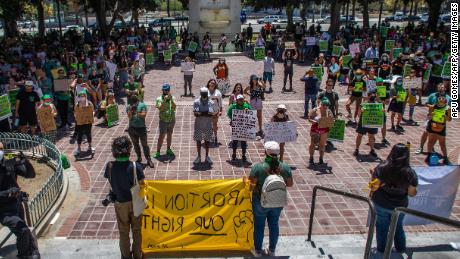 Protesters gather in front of the Los Angeles City Hall in downtown Los Angeles on June 26, 2022, two days after the US Supreme Court released a decision on Dobbs v Jackson Women&#39;s Health Organization, striking down the right to abortion.