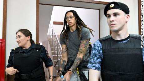 WNBA star Brittney Griner arrived at a hearing at the Khimki court in the Moscow region on Monday.