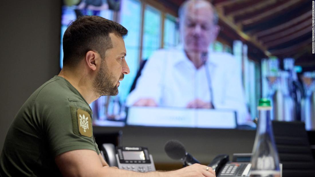 Ukraine&#39;s President Volodymyr Zelensky attends a working &lt;a href=&quot;https://edition.cnn.com/2022/06/27/politics/joe-biden-g7-summit-day-two-volodymyr-zelensky/index.html&quot; target=&quot;_blank&quot;&gt;session of G7 leaders &lt;/a&gt;via video link from his office in Kyiv, Ukraine, on Monday June 27.