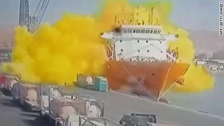 CCTV footage shows the moment of a toxic gas explosion in Jordan&#39;s Aqaba port.