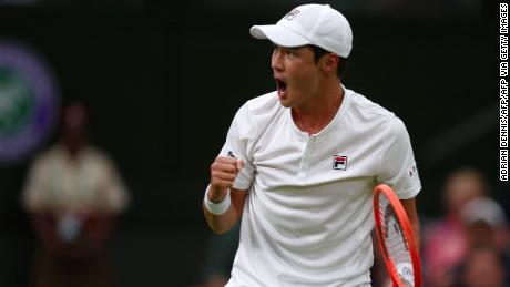 Kwon celebrates his second set victory against Djokovic with a punch. 