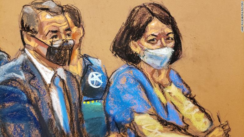 In this courtroom sketch, Ghislaine Maxwell (right), associate of convicted sex offender Jeffrey Epstein, sits with lawyer Christian Everdell (left) during her sentencing hearing in New York City on June 28.
