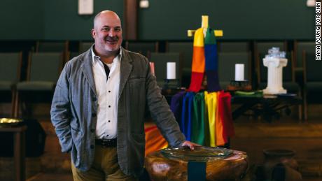 Pastor Blake Lasater stands in First United Methodist Church on June 21 in Eureka Springs.