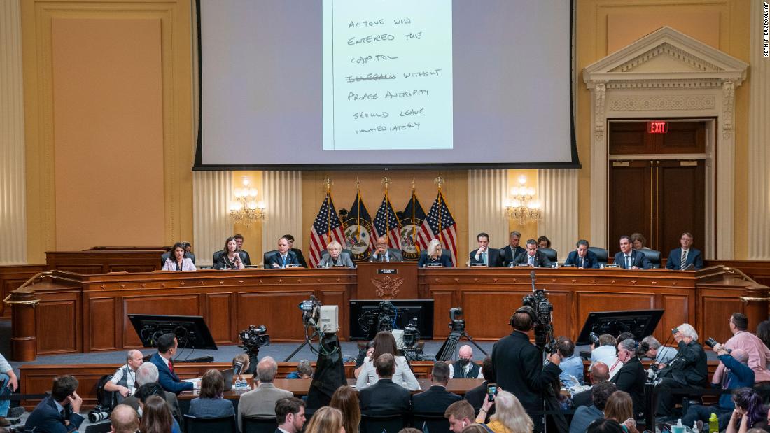 A note written by Hutchinson on January 6, 2021, is displayed during the hearing on June 28.