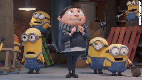 Minions Kevin and Otto, Gru (Steve Carell) and Minions Stuart and Bob in &#39;Minions: The Rise of Gru.&#39;