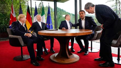 British Prime Minister Boris Johnson, US President Joe Biden, German Chancellor Olaf Scholz, French President Emmanuel Macron and Italian Prime Minister Mario Draghi on the sidelines of the G7 summit in Germany on Tuesday.