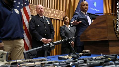 New York City Mayor Eric Adams speaks to the media about his plan to eradicate illegal guns form the streets of the city on May 11, 2020.