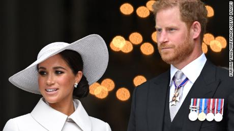 Meghan, Duchess of Sussex, and Prince Harry attend the National Service of Thanksgiving at St Paul&#39;s Cathedral in London on June 3 during the Platinum Jubilee.