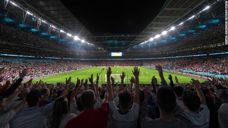 A general view of Wembley Stadium during the Euro 2020 semfinal between England and Denmark on July 7, 2021.