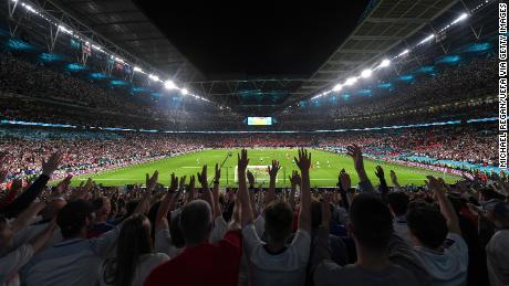 A general view of Wembley Stadium during the Euro 2020 semfinal between England and Denmark on July 7, 2021.