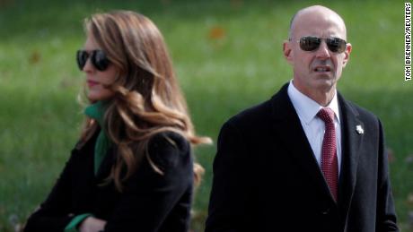 Hope Hicks stands beside Anthony Ornato, Assistant Director, Office of Training for the United States Secret Service during a presidential campaign rally for U.S. President Donald Trump in Newtown, Pennsylvania, U.S., October 31, 2020. 