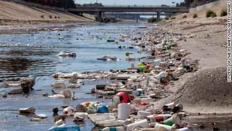 Trash and plastic refuse collect in Ballona Creek in Culver City, California.