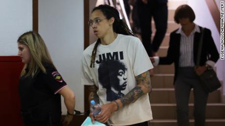 Griner is escorted by a guard before a court hearing on July 1. 