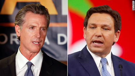 California Gov. Gavin Newsom, left, and Florida Gov. Ron DeSantis