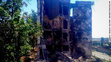 In this photo provided by the Luhansk region military administration, damaged residential buildings are seen in Lysychansk, Luhansk region, Ukraine, early Sunday, July 3, 2022. Russian forces pounded the city of Lysychansk and its surroundings in an all-out attempt to seize the last stronghold of resistance in eastern Ukraine&#39;s Luhansk province, the governor said Saturday. A presidential adviser said its fate would be decided within the next two days. (Luhansk region military administration via AP)
