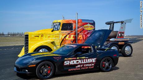 The SHOCKWAVE Jet Truck is seen behind a pace car in this handout photo.
