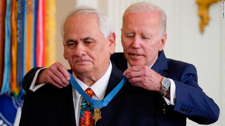 President Joe Biden awards the Medal of Honor to Spc. Dwight Birdwell for his actions on January 31, 1968, during the Vietnam War, during a ceremony in the East Room of the White House on July 5, 2022.