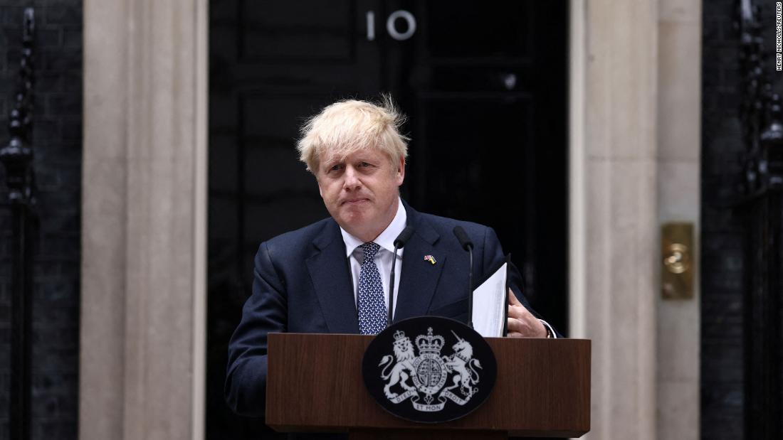 Johnson announces his resignation in front of No. 10 Downing Street on July 7. &quot;It is clearly now the will of the parliamentary Conservative party that there should be a new leader of that party and therefore a new prime minister,&quot; he said.