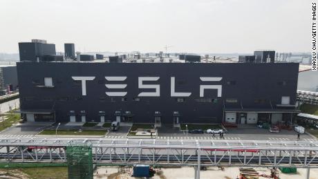 An aerial view of Tesla Shanghai Gigafactory on March 29, 2021 in Shanghai, China. 