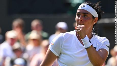 Jabeur celebrates defeating Tatjana Maria in the Wimbledon semifinals. 