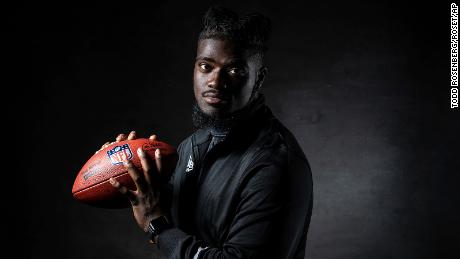 Ojabo poses for a portrait during the NFL Scouting Combine.