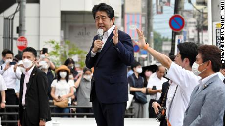 NARA, JAPAN - JULY 08: Former Prime Minister Shinzo Abe makes a street speech before being shot in front of Yamatosaidaiji Station on July 8, 2022 in Nara, Japan. Abe is shot while making a street speech for upcoming Upper House election. (Photo by The Asahi Shimbun via Getty Images)