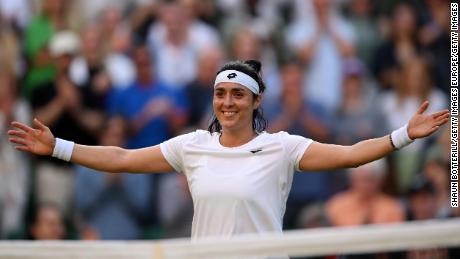 Jabeur celebrates her victory over Marie Bouzkova in the Wimbledon quarter-finals. 