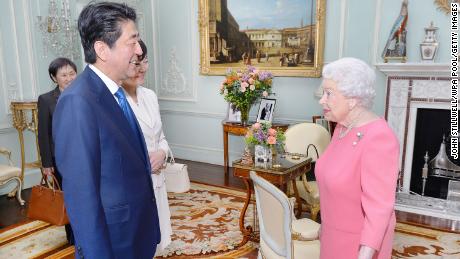 The Queen welcomed then-Prime Minister of Japan Shinzo Abe and wife Akie to Buckingham Palace in 2016. 