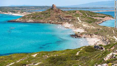 Panorama della penisola di San Giovanni di Sinis e Tharros, vicino a Cabras, in Sardegna, Italia