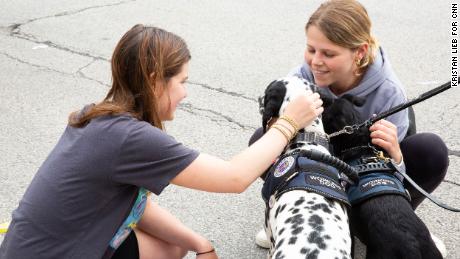 Eve Melnick and Marli Oleff pet crisis response dogs Kona and Lilo in Highland Park on July 6.