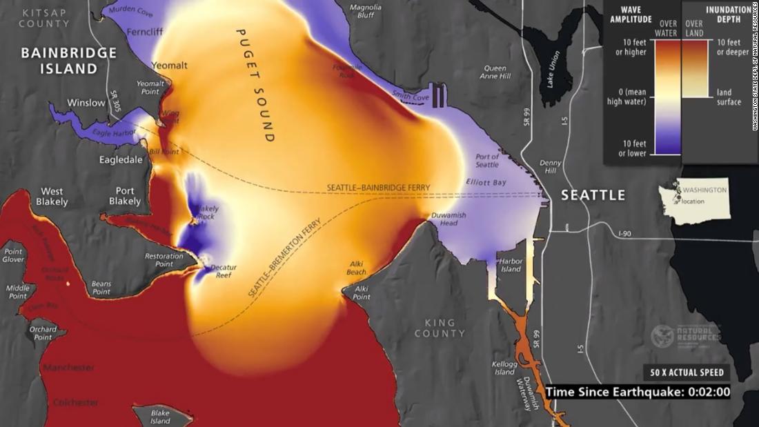 Simulation shows tsunami waves as high as 42 feet could hit Seattle in minutes should a major earthquake occur on the Seattle Fault