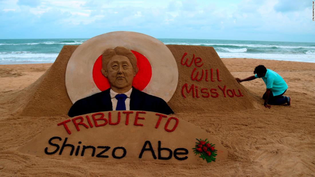 Sand artist Sudarsan Pattnaik created a sculpture of Abe at a beach in Puri, India, on Friday.