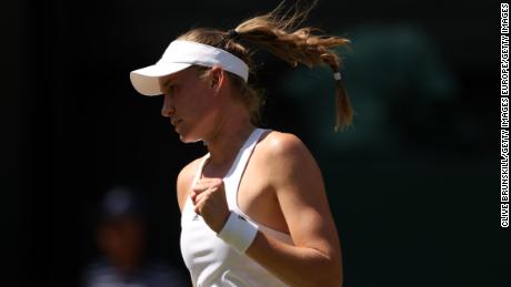 Rybakina celebrates against Jabeur during women&#39;s singles final at Wimbledon.