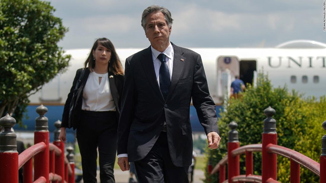 U.S Secretary of State Antony Blinken prepares to speak to the media before boarding his airplane at Yokota Air Base, after a condolence visit for late former Japanese Prime Minister Shinzo Abe, in Fussa, Tokyo prefecture, Japan, on July 11.