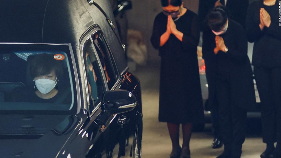 Akie Abe, wife of late former Japanese Prime Minister Shinzo Abe, sits in a vehicle carrying Abe&#39;s body to a night vigil at a temple, in Tokyo, Japan, on July 11.