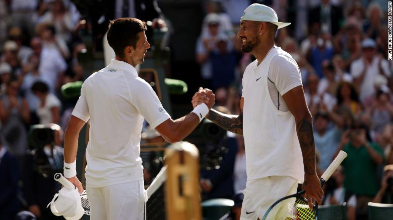 Djokovic and Kyrgios shake hands after the Wimbledon men&#39;s singles final.