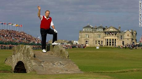 Jack Nicklaus waves on the Swilkan Bridge during the 134th Open Championship held at the Old Course in St Andrews from 14 to 17 July 2005.