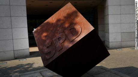 A cube-shaped sculpture outside the Social Democrat Party headquarters in Berlin, Germany.