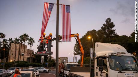 US flags are hung up along streets by the Jerusalem municipality on July 10 ahead of US President Joe Biden&#39;s upcoming visit. 