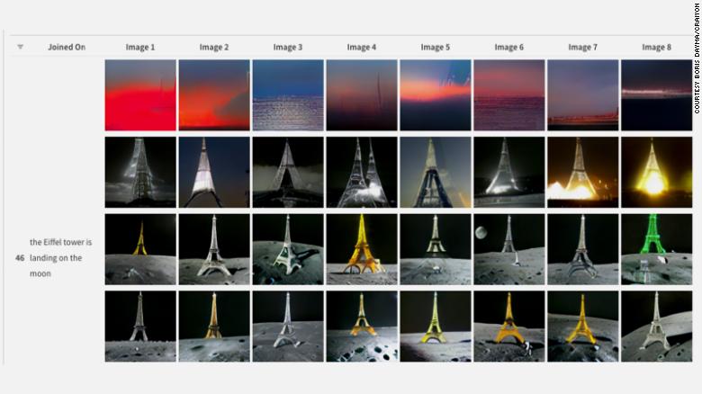 An image showing how the AI system Craiyon, initially known as DALL-E Mini, got better at generating images over time for the prompt &quot;the Eiffel Tower is landing on the moon&quot;.