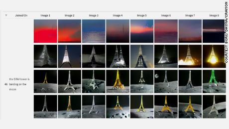 An image showing how the AI system Craiyon, initially known as DALL-E Mini, got better at generating images over time for the prompt &quot;the Eiffel Tower is landing on the moon&quot;.