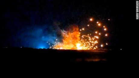 An image taken from video shows a series of large explosions rocked the town of Nova Kakhovka in the Kherson region of Ukraine on Monday night. The town, like much of Kherson, is under Russian occupation.