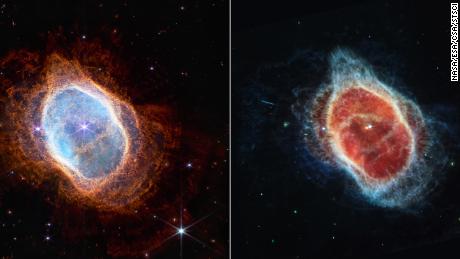 This side-by-side comparison shows observations of the Southern Ring Nebula in near-infrared light, at left, and mid-infrared light, at right, from the Webb Telescope.