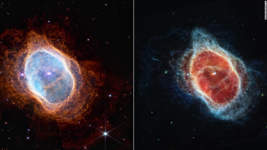 This side-by-side comparison shows observations of the Southern Ring Nebula in near-infrared light, left, and mid-infrared light, right, from NASA&#39;s Webb telescope. The Southern Ring Nebula is 2,000 light-years away from Earth. This large planetary nebula includes an expanding cloud of gas around a dying star, as well as a secondary star earlier on in its evolution.