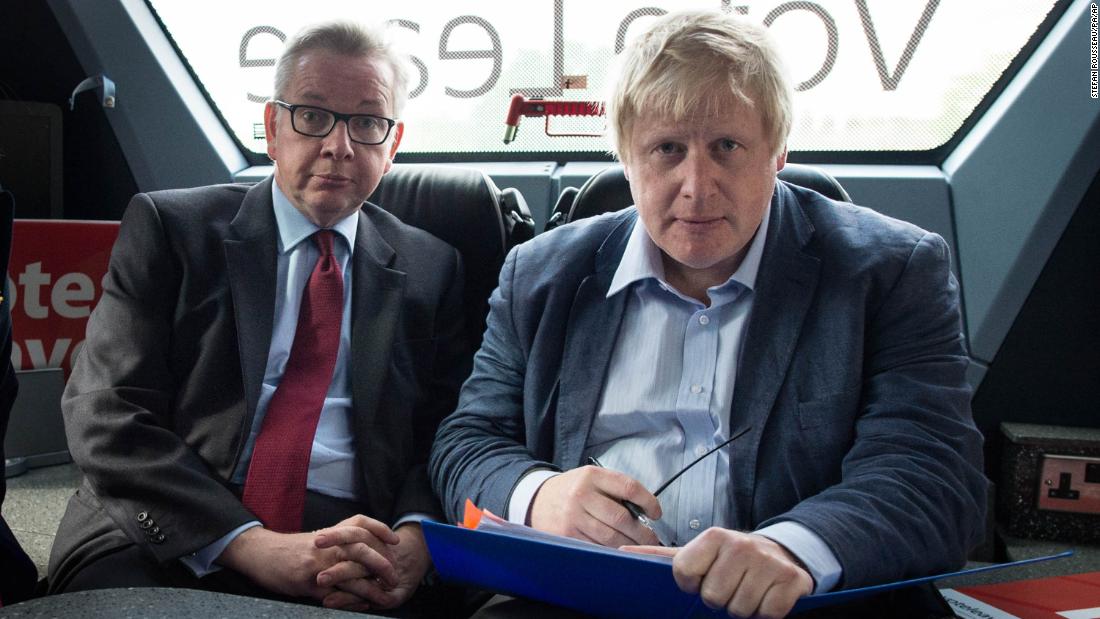 Johnson and Michael Gove ride on a &quot;Vote Leave&quot; campaign bus in June 2016.